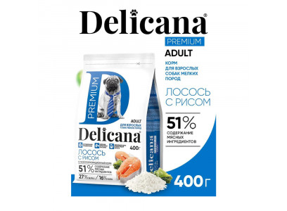 Сухой Корм Delicana (Деликана) Для Собак Мелких Пород Лосось и Рис 400г 92621 