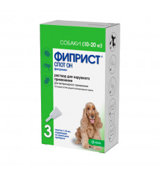 Фиприст Спот Он Препарат Против Клещей, Блох, Вшей и Власоедов Для Собак 10-20кг 134мг 1,34мл Упаковка 3 Пипетки