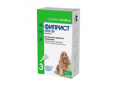 Фиприст Спот Он Препарат Против Клещей, Блох, Вшей и Власоедов Для Собак 10-20кг 134мг 1,34мл Упаковка 3 Пипетки
