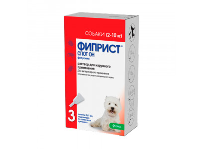 Фиприст Спот Он Препарат Против Клещей, Блох, Вшей и Власоедов Для Собак 2-10кг 67мг 0,67мл Упаковка 3 Пипетки KRKA