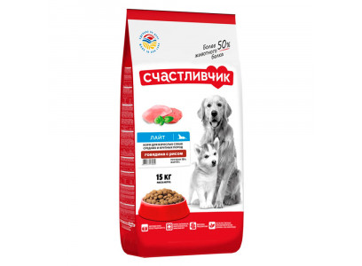 Сухой Корм Счастливчик Для Собак Лайт Говядина и Рис 15кг 4892 