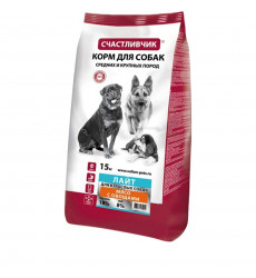 Сухой Корм Счастливчик Лайт Для Собак Мясо и Овощи 15кг 4915