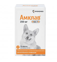 Амклав Вет Антибактериальный Препарат Для Кошек и Собак 10 Таблеток 250мг