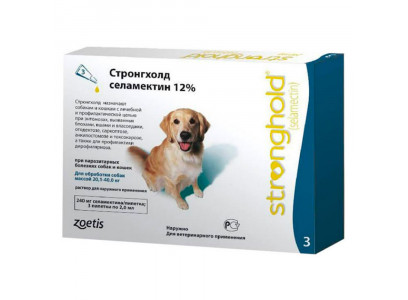 Стронгхолд Капли На Холку для Собак Весом от 20,1 до 40 кг Против Блох, Ушных и Чесоточных Клещей, Гельминтов Зеленый Колпачок 2мл 240мг Упаковка 3 Пипетки(Чв) 