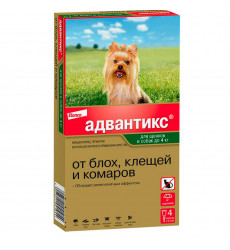 Адвантикс Капли На Холку От Блох и Клещей Для Щенков и Собак До 4кг 0,4мл Упаковка 4 Пипетки(Чв)