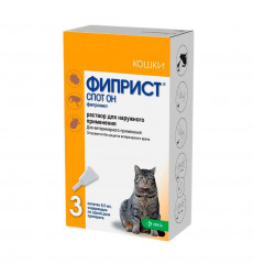 Фиприст Спот Он К Для Кошек 50мг Против Клещей, Блох, Вшей и Власоедов 3 пипетки х 0,5 мл 
