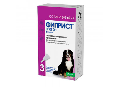 Фиприст Спот Он Капли Для Собак Весом От 40 до 60 кг Против Клещей, Блох, Вшей и Власоедов 3 пипетки х 4,02 мл Пипетки(Чв) 