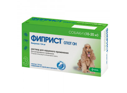 Фиприст Спот Он Капли Для Собак Весом От 10 до 20 кг Против Клещей, Блох, Вшей и Власоедов 3 Пипетки х 1,34 мл(Чв) 