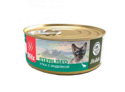 Консервы Blitz (Блиц) Для Стерилизованных Кошек Утка и Индейка Паштет 100г 74326