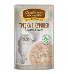 Влажный Корм Деревенские Лакомства Треска и Курица в Желе 70г 79219906