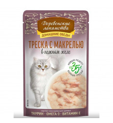 Влажный Корм Деревенские Лакомства Для Кошек Треска и Макрель в Желе 70г 79219890