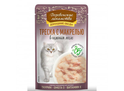 Влажный Корм Деревенские Лакомства Для Кошек Треска и Макрель в Желе 70г 79219890 