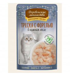 Влажный Корм Деревенские Лакомства Для Кошек в Желе Треска и Форель 70г 79219913