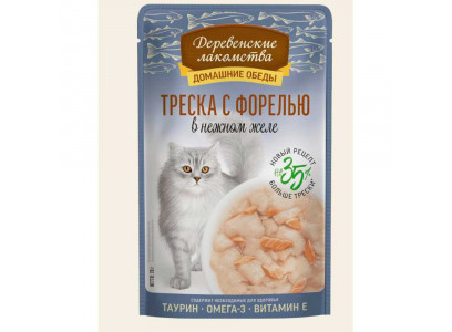 Влажный Корм Деревенские Лакомства Для Кошек в Желе Треска и Форель 70г 79219913 