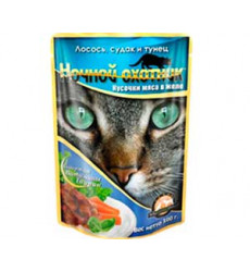 Влажный Корм Ночной Охотник Для Кошек Лосось с Судаком и Тунцом в Желе 100г