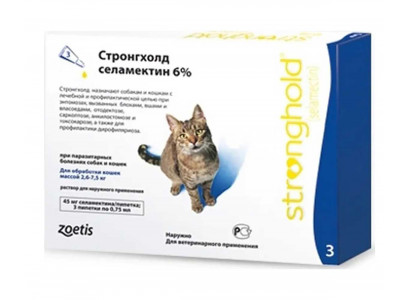 Стронгхолд Капли Против Блох, Ушных и Чесоточных Клещей, Гельминтов Голубой Колпачок Для Кошек 2,6-7,5кг 0,75мл 45мг 1шт Zoetis (Зоетис) (1*3)  