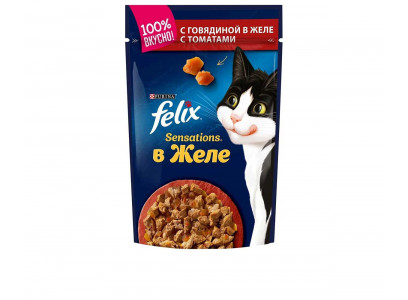 Влажный Корм Felix (Феликс) Sensation Для Кошек  Говядина и Томаты в Желе 85г (1*24) 