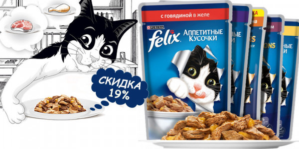 Акция на влажный корм для кошек и котят Felix! Скидка 19%!
