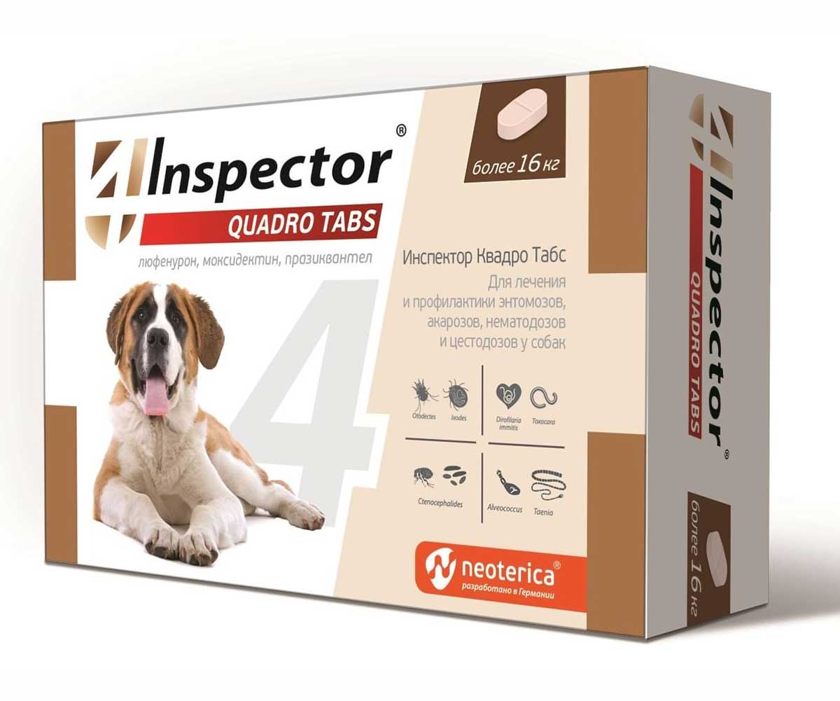 Когда начинать давать собаке таблетки от клещей. Таблетки инспектор Квадро табс для собак. Таблетки Inspector Quadro для кошек. Inspector Quadro Tabs для собак более 16 кг. Инспектор Квадро таб для собак 16кг.