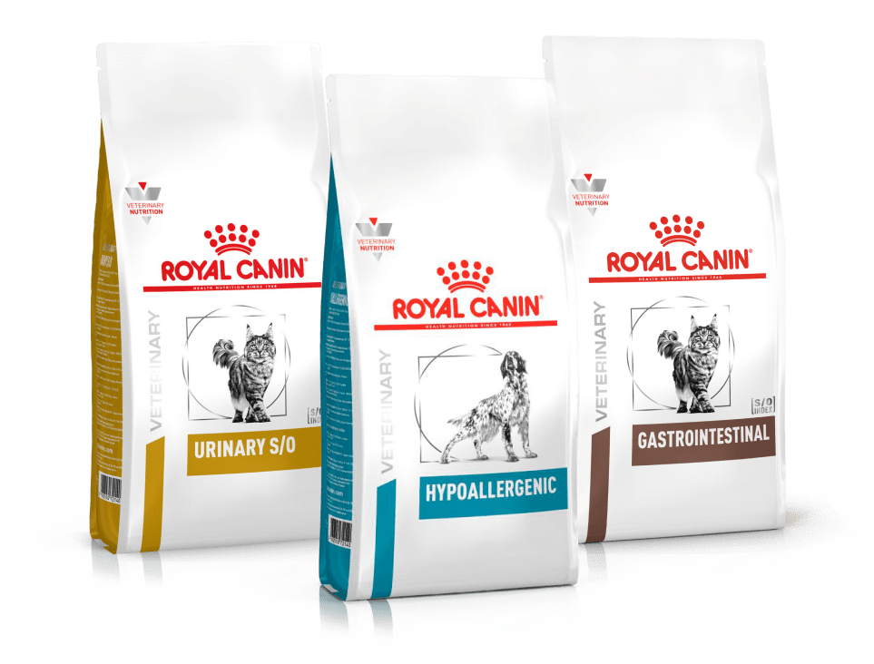 Три разных упаковок с кормом Royal Canin.