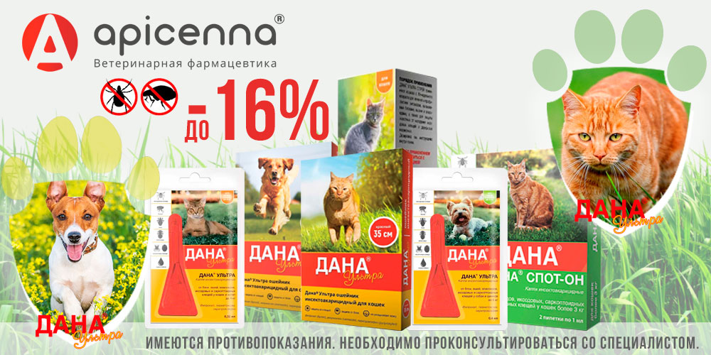 Акция на ДАНА от блох и клещей для кошек и собак от Apicenna. Скидка до 16%!