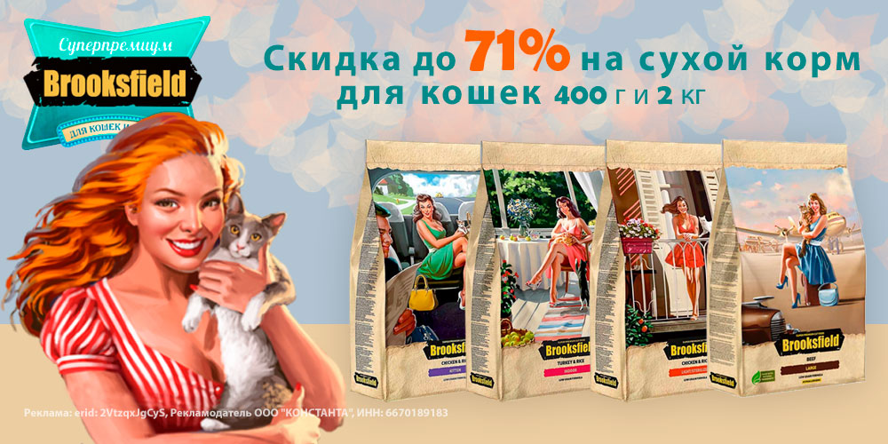 Акция на корм Brooksfield для кошек. Скидка до 71%