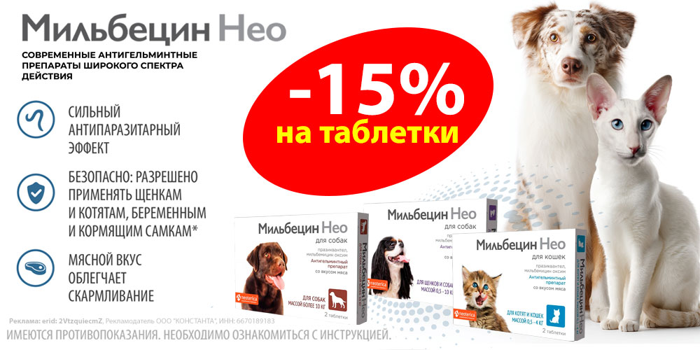 Акция на МИЛЬБЕЦИН НЕО ветпрепараты от глистов для кошек и собак. Скидка 15%
