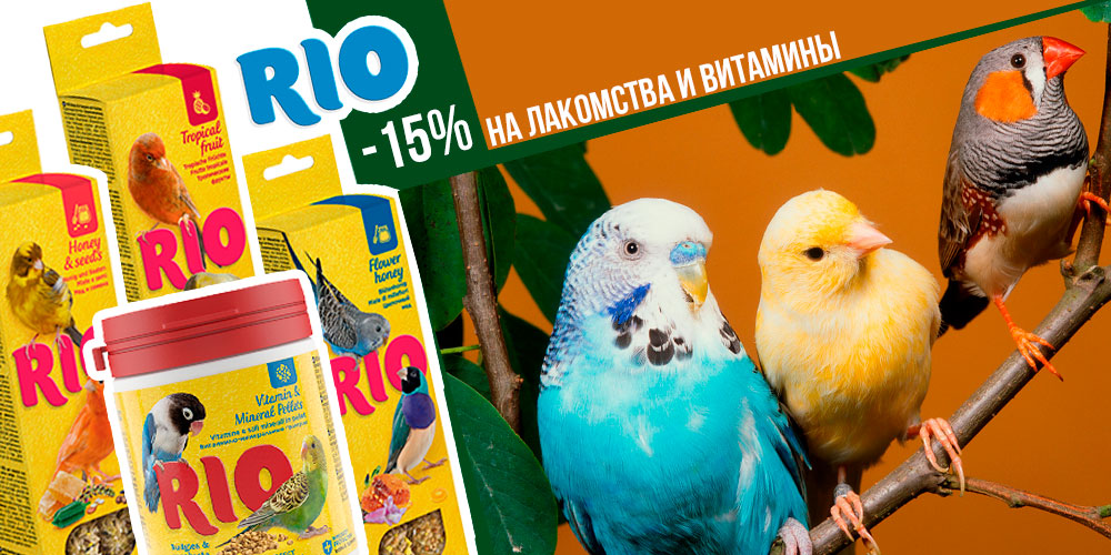 Акция на витамины и лакомства RIO для попугаев, канареек и экзотов. Скидка 15%!
