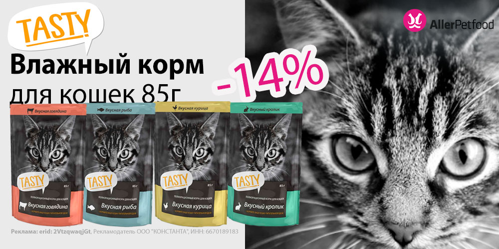 Акция на корм для кошек TASTY. Скидка 14%