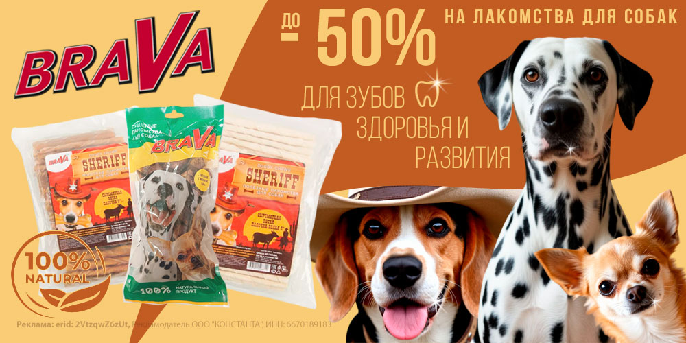 Акция на лакомства BraVa для собак. Скидка до 50%