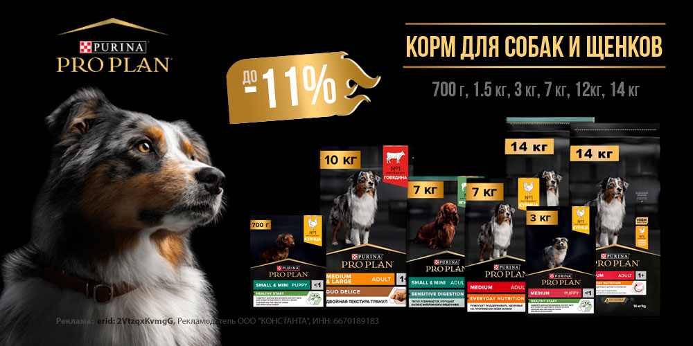 Акция на корм для собак и щенков PRO PLAN. Скидка до 11%