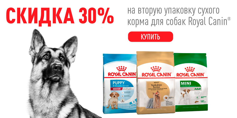 Акция на сухой корм для собак Royal Canin! Скидка 30% на вторую упаковку аналогичного корма!