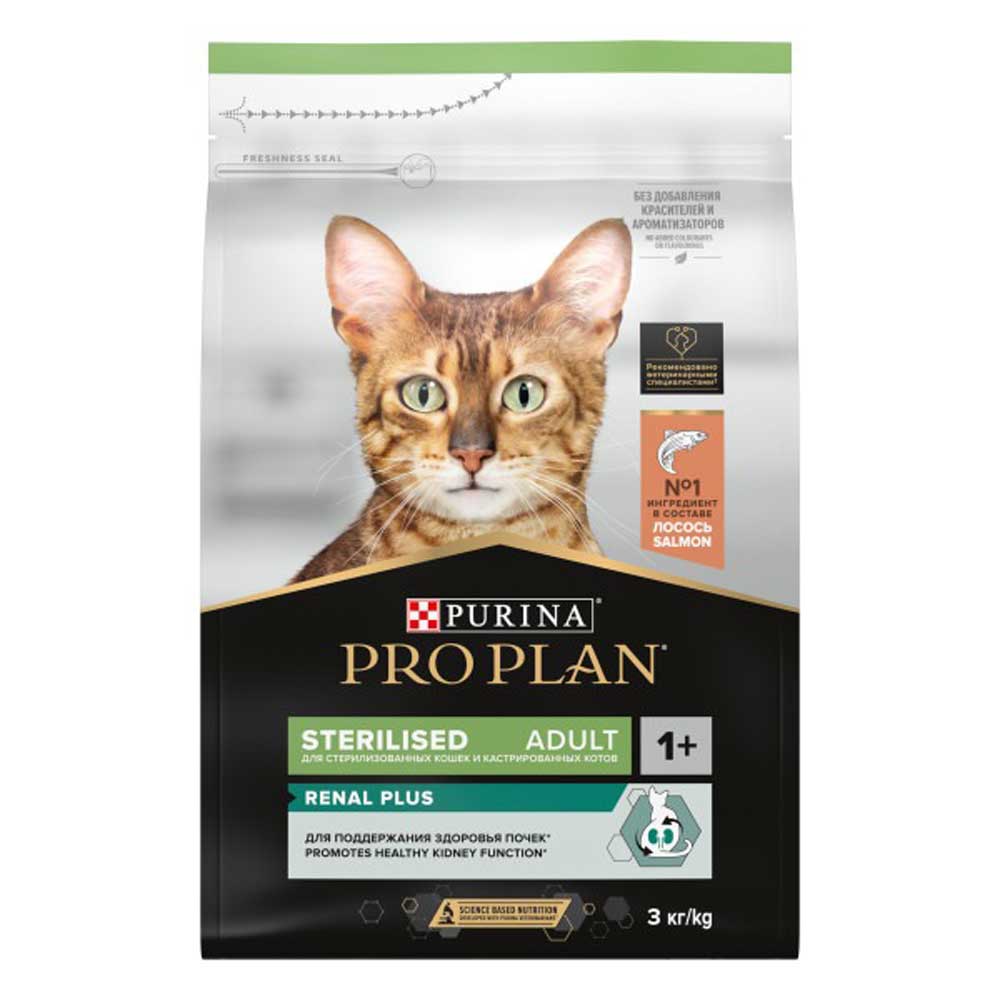 Сухой Корм Pro Plan (ПроПлан) Для Кастрированных Котов и Стерилизованных Кошек Для Поддержания Здоровья Почек Лосось Renal Plus Sterilised Salmon 3кг (1*4)