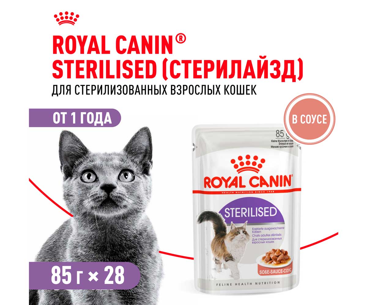 Влажный Корм Royal Canin (Роял Канин) Для Кастрированных Котов и Стерилизованных Кошек Аппетитные Кусочки в Соусе Feline Health Nutrition Sterilised Gravy 85г (1*12)