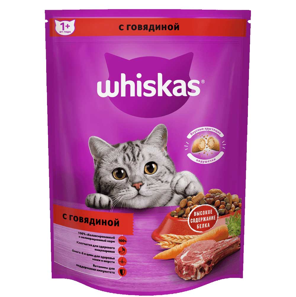 Сухой Корм Whiskas (Вискас) Для Кошек Говядина Подушечки с Паштетом 800г (1*8)