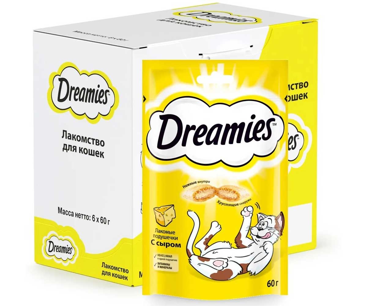Лакомство Подушечки Dreamies (Дримс) Для Кошек Сыр Cat Treats With Delicious Cheese 60г (1*6)