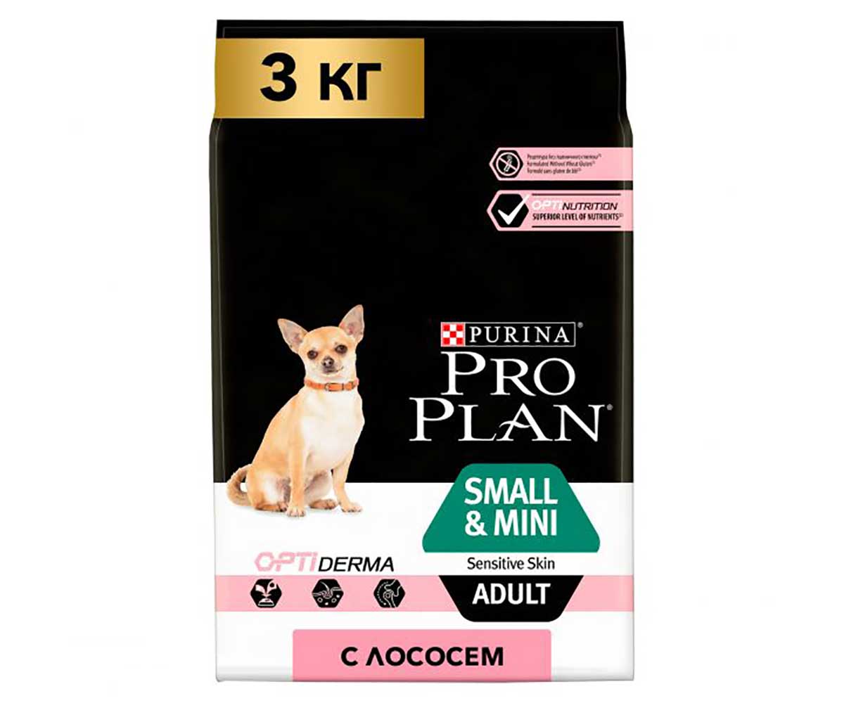 Сухой Корм Pro plan (Проплан) Для Собак Миниатюрных и Мелких Пород с Чувствительной Кожей Лосось и Рис Adult Dog Optiderma Small & Mini Sensitive Skin 3кг (1*4)