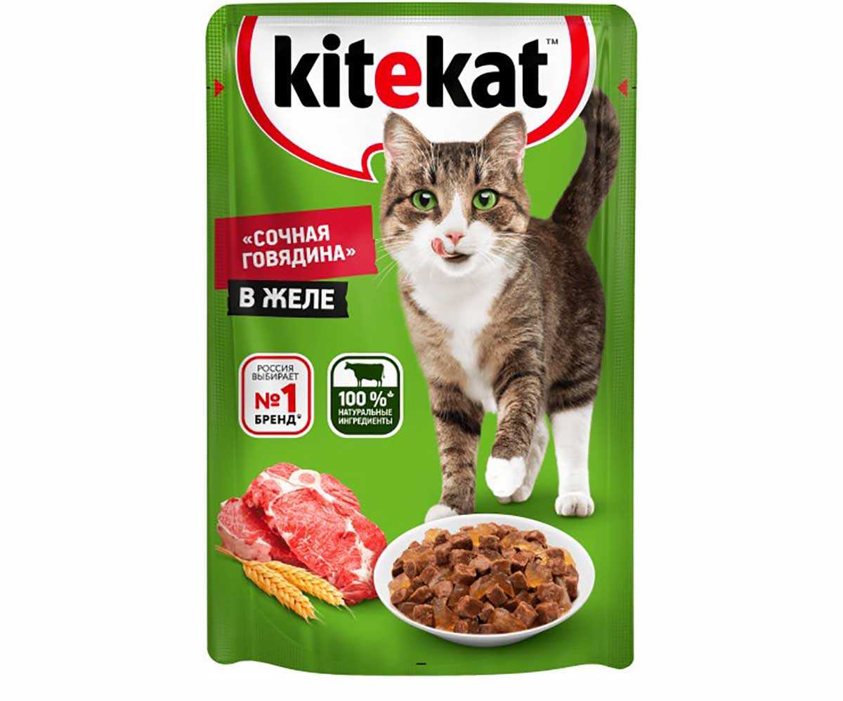Влажный Корм Kitekat (Китикэт) Для Кошек Сочная Говядина в Желе 85г (1*24)