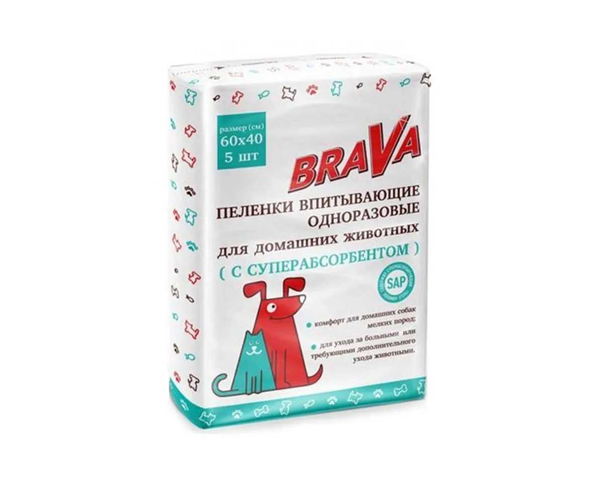 Пеленки Для Собак и Кошек Brava (Брава) Впитывающие Одноразовые 60*40см 5шт /84/
