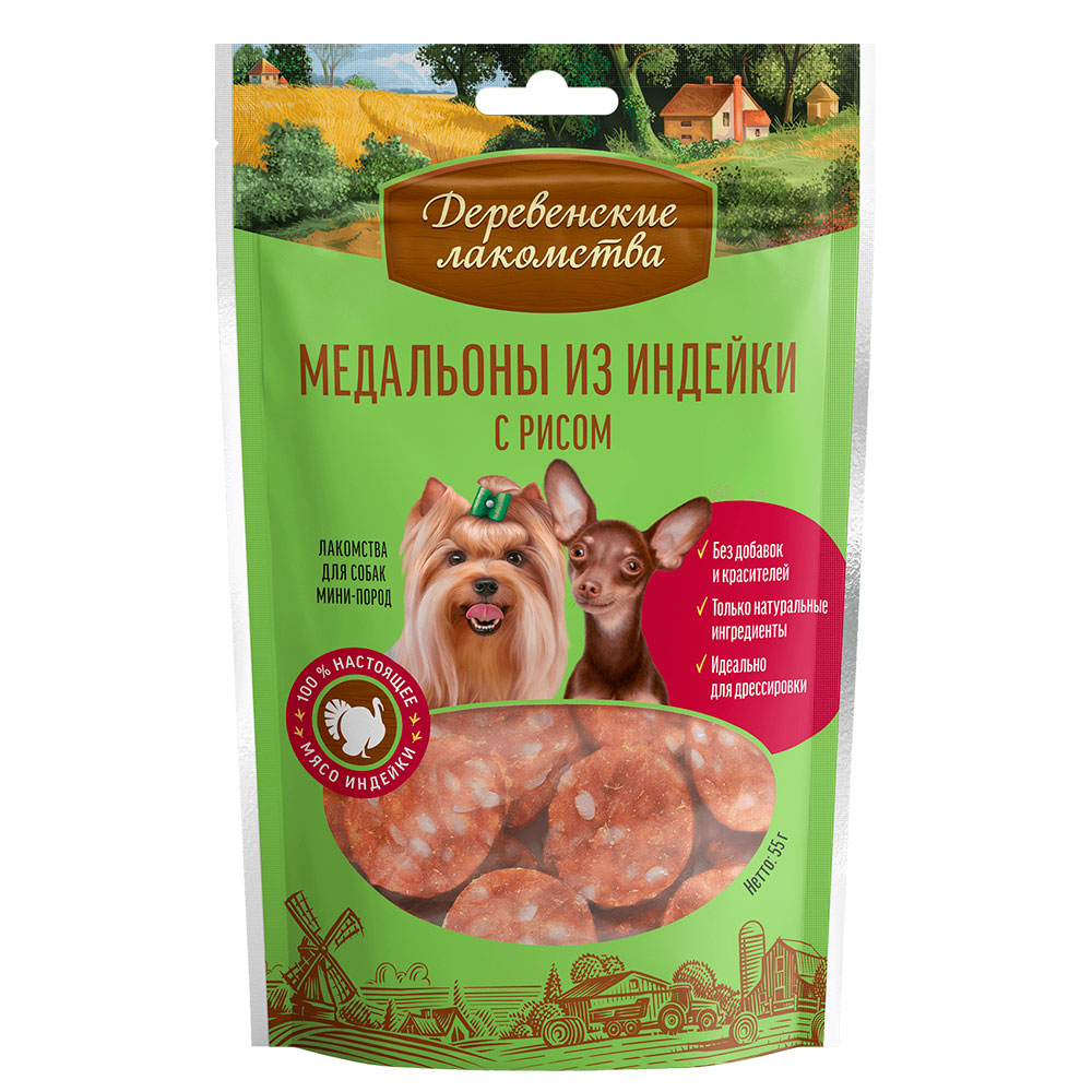 Лакомства Для Собак Мелких Пород Деревенские Лакомства Медальоны Индейка и Рис 55г