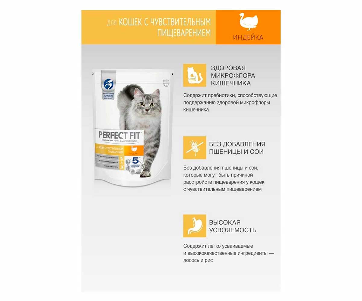 Сухой Корм Perfect Fit (Перфект Фит) Для Кошек с Чувствительным Пищеварением Индейка Sensitive 1,2кг (1*6)
