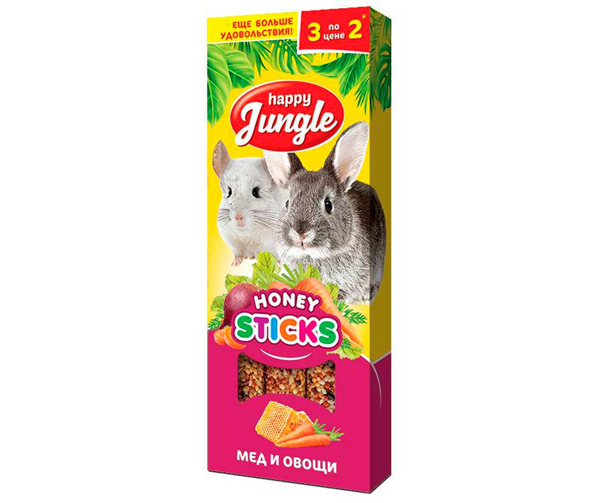 Happy Jungle (Хэппи Джангл) Мед и Овощи Палочки Для Кроликов Шиншилл и Морских Свинок Крупных Грызунов  90г 3шт J214