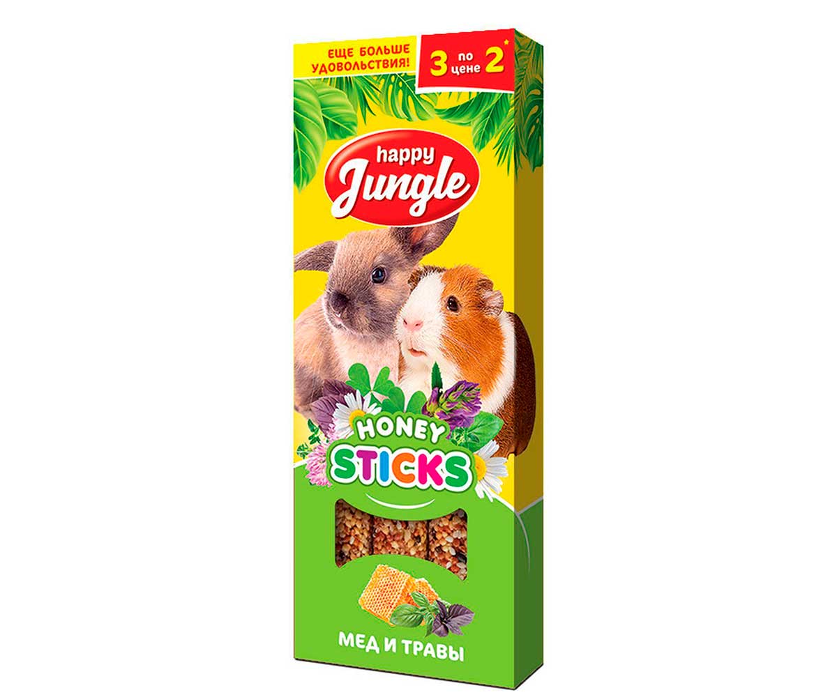 Happy Jungle (Хэппи Джангл) Мед и Травы Палочки Для Кроликов Шиншилл и Морских Свинок Крупных Грызунов 90г 3шт J212