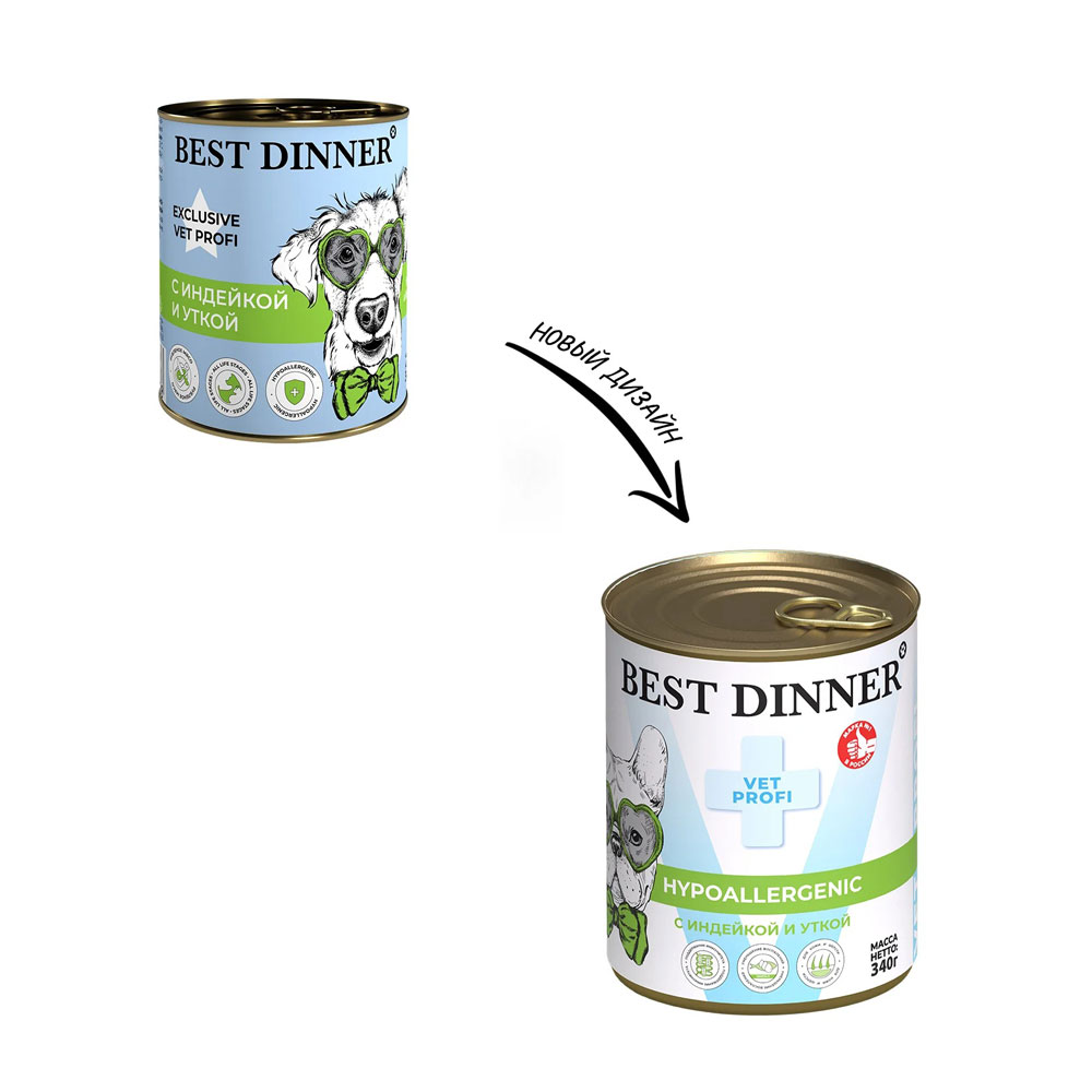 Консервы Для Собак и Щенков Best Dinner (Бест Диннер) Exclusive Hypoallergenic Профилактика Пищевой Аллергии Индейка и Утка 340г