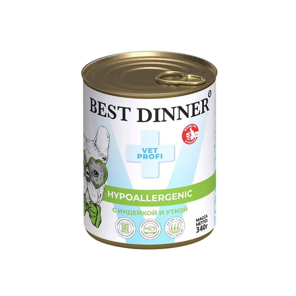 Консервы Для Собак и Щенков Best Dinner (Бест Диннер) Exclusive Hypoallergenic Профилактика Пищевой Аллергии Индейка и Утка 340г