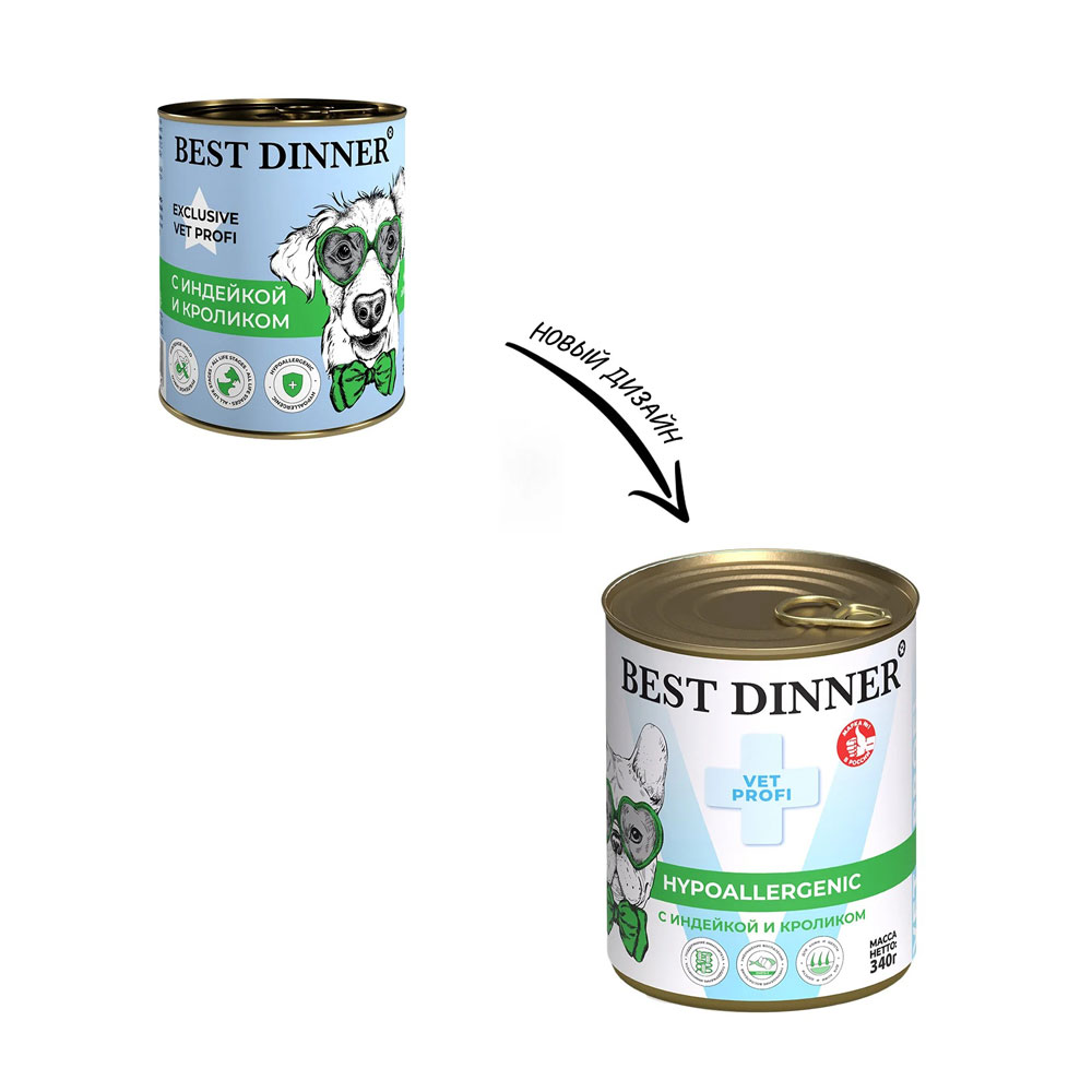 Консервы Best Dinner (Бест Диннер) Для Собак и Щенков Профилактика Пищевой Аллергии Индейка и Кролик Exclusive Hypoallergenic 340г