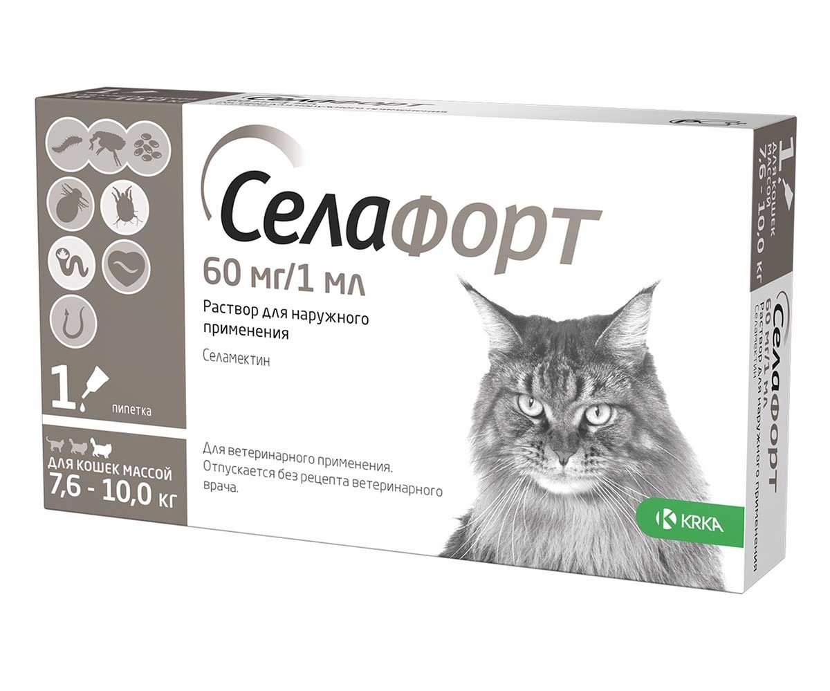 Селафорт Капли Для Кошек Весом От 7,6 До 10 кг Против Внутренних и Внешних Паразитов 60 мг Серо-Коричневый Колпачок KRKA
