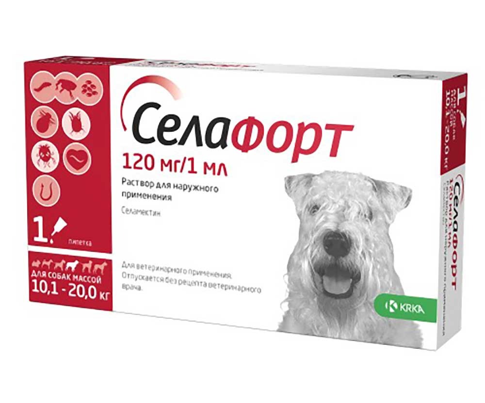 Селафорт Капли Для Собак Весом От 10,1 до 20кг Против Внутренних и Внешних Паразитов 120мг  KRKA (1 пипетка)