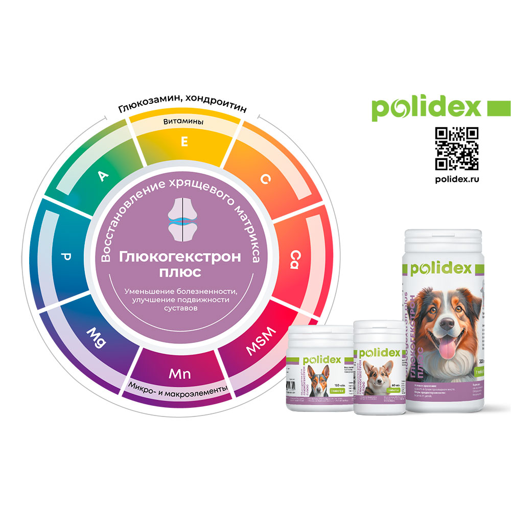 Polidex (Полидэкс) Глюкогекстрон Плюс Glucogextron Plus Витаминный Комплекс Для Собак Для Соединительной и Хрящевой Ткани Суставов 500т  (1т-5кг)