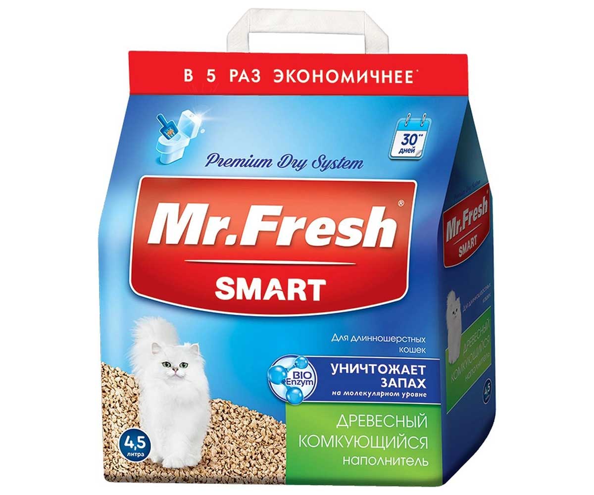 Наполнитель Для Кошачьего Туалета Mr.Fresh (Мистер Фреш) Smart Древесный Комкующийся Для Длинношерстных Кошек 4,5л F604